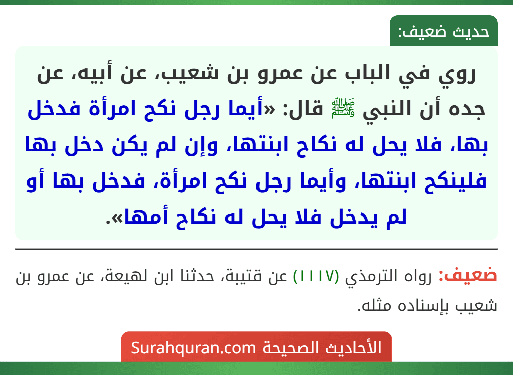 روي في الباب عن عمرو بن شعيب، عن أبيه، عن جده أن النبي ﷺ قال: «أيما رجل نكح امرأة فدخل بها، فلا يحل له نكاح ابنتها، وإن لم يكن دخل بها فلينكح ابنتها، وأيما رجل نكح امرأة، فدخل بها أو لم يدخل فلا يحل له نكاح أمها».