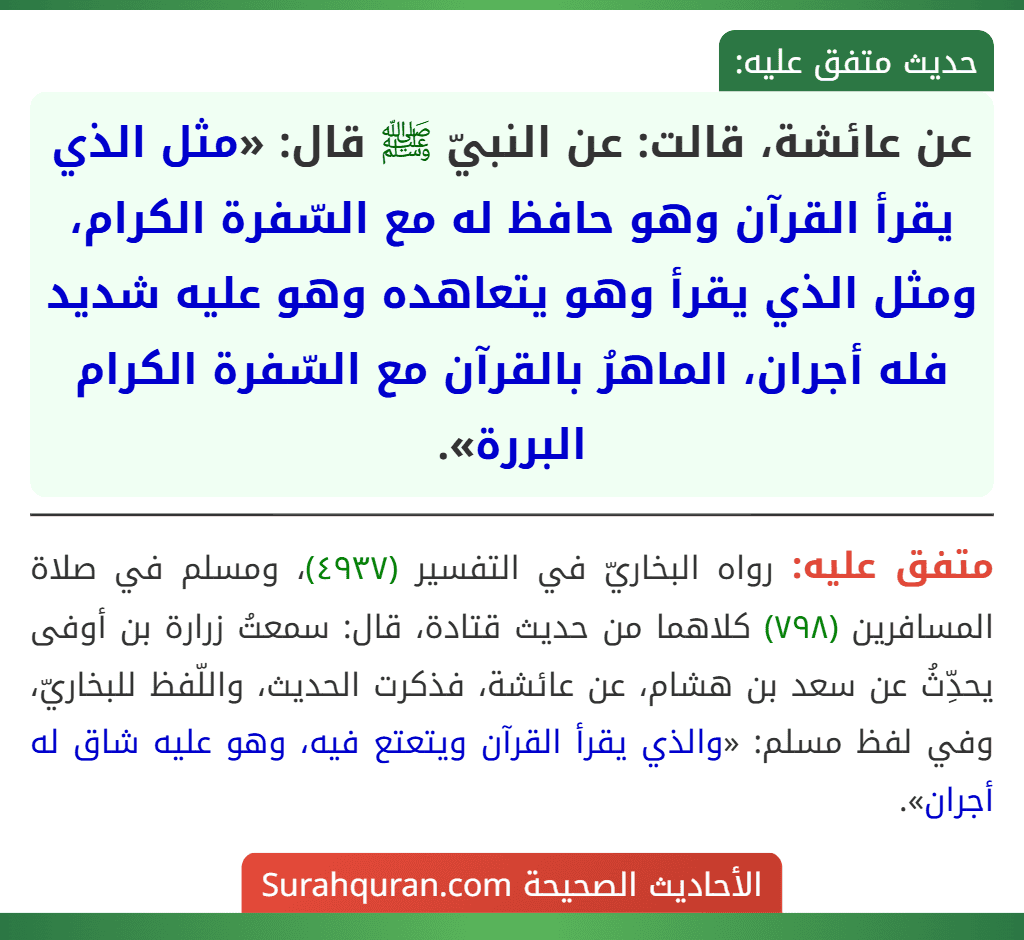 عن عائشة، قالت: عن النبيّ ﷺ قال: «مثل الذي يقرأ القرآن وهو حافظ له مع السّفرة الكرام، ومثل الذي يقرأ وهو يتعاهده وهو عليه شديد فله أجران، الماهرُ بالقرآن مع السّفرة الكرام البررة».
