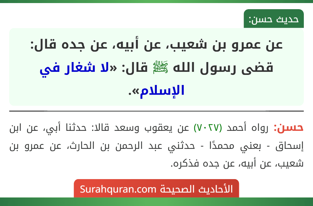 عن عمرو بن شعيب، عن أبيه، عن جده قال: قضى رسول الله ﷺ قال: «لا شغار في الإسلام». عن عمرو بن شعيب، عن أبيه، عن جده قال: قضى رسول الله ﷺ قال: «لا شغار في الإسلام».