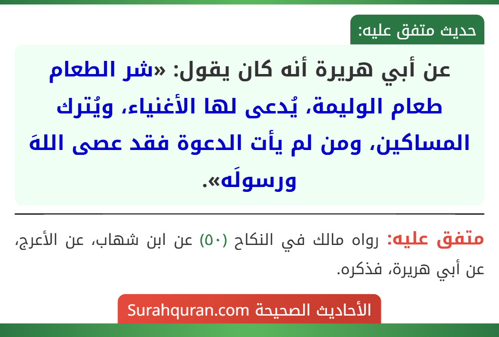 عن أبي هريرة أنه كان يقول: «شر الطعام طعام الوليمة، يُدعى لها الأغنياء، ويُترك المساكين، ومن لم يأت الدعوة فقد عصى اللهَ ورسولَه».
