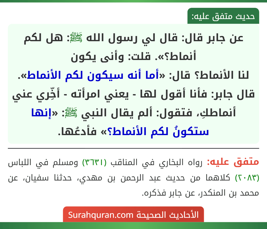 عن جابر قال: قال لي رسول الله ﷺ: هل لكم أنماط؟». قلت: وأنى يكون
لنا الأنماط؟ قال: «أما أنه سيكون لكم الأنماط».
قال جابر: فأنا أقول لها - يعني امرأته - أخِّري عني أنماطكِ، فتقول: ألم يقال النبي ﷺ: «إنها ستكونُ لكم الأنماط؟» فأدعُها.