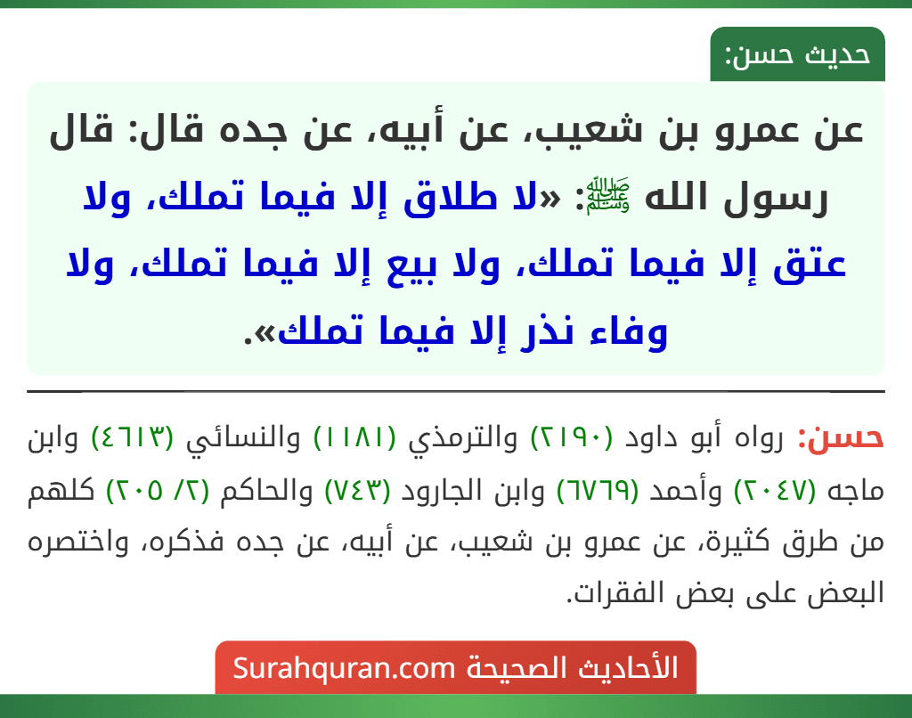 عن عمرو بن شعيب، عن أبيه، عن جده قال: قال رسول الله ﷺ: «لا طلاق إلا فيما تملك، ولا عتق إلا فيما تملك، ولا بيع إلا فيما تملك، ولا وفاء نذر إلا فيما تملك».