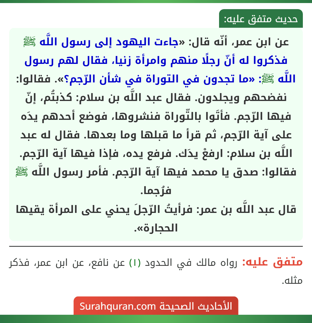 عن ابن عمر، أنّه قال: «جاءت اليهود إلى رسول اللَّه ﷺ فذكروا له أنّ رجلًا منهم وامرأة زنيا، فقال لهم رسول اللَّه ﷺ: «ما تجدون في التوراة في شأن الرّجم؟». فقالوا: نفضحهم ويجلدون. فقال عبد اللَّه بن سلام: كذبتُم، إنّ فيها الرّجم. فأتَوا بالتّوراة فنشروها، فوضع أحدهم يدَه على آية الرّجم، ثم قرأ ما قبلها وما بعدها. فقال له عبد اللَّه بن سلام: ارفعْ يدَك. فرفع يده، فإذا فيها آية الرّجم. فقالوا: صدق يا محمد فيها آية الرّجم. فأمر رسول اللَّه ﷺ فرُجما.
قال عبد اللَّه بن عمر: فرأيتُ الرّجلَ يحني على المرأة يقيها الحجارة».