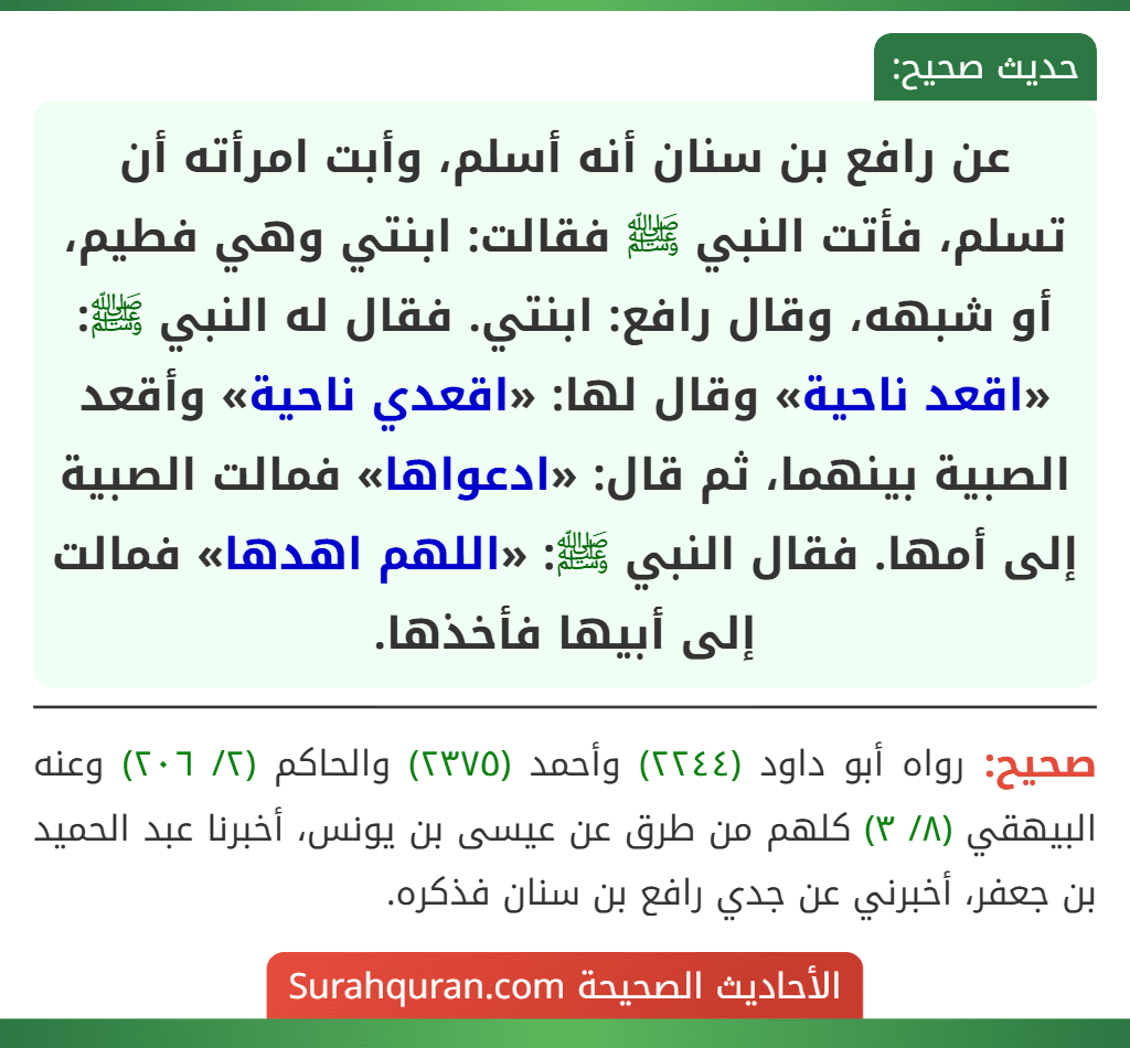 عن رافع بن سنان أنه أسلم، وأبت امرأته أن تسلم، فأتت النبي ﷺ فقالت: ابنتي وهي فطيم، أو شبهه، وقال رافع: ابنتي. فقال له النبي ﷺ: «اقعد ناحية» وقال لها: «اقعدي ناحية» وأقعد الصبية بينهما، ثم قال: «ادعواها» فمالت الصبية إلى أمها. فقال النبي ﷺ: «اللهم اهدها» فمالت إلى أبيها فأخذها.