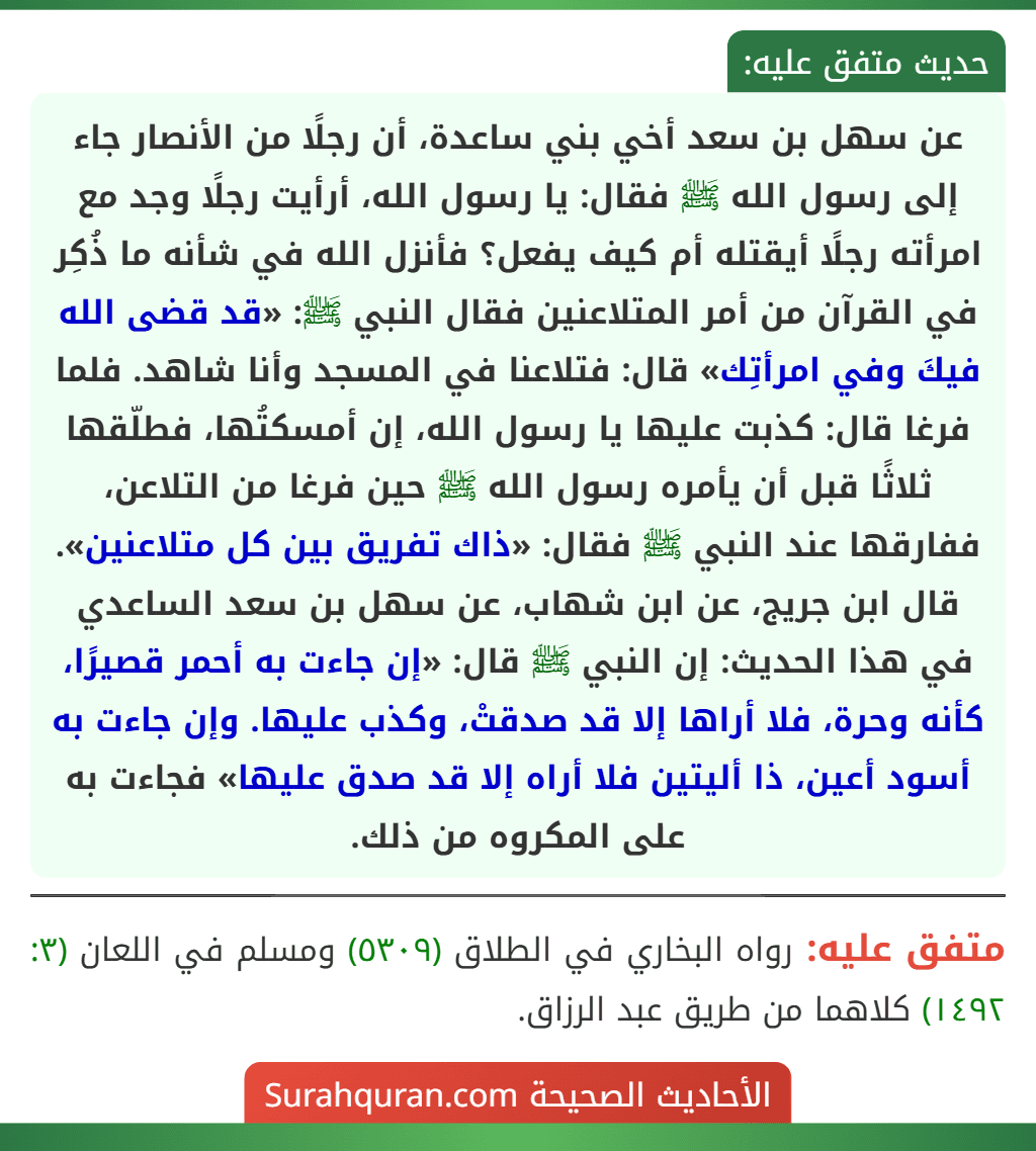 عن سهل بن سعد أخي بني ساعدة، أن رجلًا من الأنصار جاء إلى رسول الله ﷺ فقال: يا رسول الله، أرأيت رجلًا وجد مع امرأته رجلًا أيقتله أم كيف يفعل؟ فأنزل الله في شأنه ما ذُكِر في القرآن من أمر المتلاعنين فقال النبي ﷺ: «قد قضى الله فيكَ وفي امرأتِك» قال: فتلاعنا في المسجد وأنا شاهد. فلما فرغا قال: كذبت عليها يا رسول الله، إن أمسكتُها، فطلّقها ثلاثًا قبل أن يأمره رسول الله ﷺ حين فرغا من التلاعن، ففارقها عند النبي ﷺ فقال: «ذاك تفريق بين كل متلاعنين».
قال ابن جريج، عن ابن شهاب، عن سهل بن سعد الساعدي في هذا الحديث: إن النبي ﷺ قال: «إن جاءت به أحمر قصيرًا، كأنه وحرة، فلا أراها إلا قد صدقتْ، وكذب عليها. وإن جاءت به أسود أعين، ذا أليتين فلا أراه إلا قد صدق عليها» فجاءت به على المكروه من ذلك. عن سهل بن سعد أخي بني ساعدة، أن رجلًا من الأنصار جاء إلى رسول الله ﷺ فقال: يا رسول الله، أرأيت رجلًا وجد مع امرأته رجلًا أيقتله أم كيف يفعل؟ فأنزل الله في شأنه ما ذُكِر في القرآن من أمر المتلاعنين فقال النبي ﷺ: «قد قضى الله فيكَ وفي امرأتِك» قال: فتلاعنا في المسجد وأنا شاهد. فلما فرغا قال: كذبت عليها يا رسول الله، إن أمسكتُها، فطلّقها ثلاثًا قبل أن يأمره رسول الله ﷺ حين فرغا من التلاعن، ففارقها عند النبي ﷺ فقال: «ذاك تفريق بين كل متلاعنين».
قال ابن جريج، عن ابن شهاب، عن سهل بن سعد الساعدي في هذا الحديث: إن النبي ﷺ قال: «إن جاءت به أحمر قصيرًا، كأنه وحرة، فلا أراها إلا قد صدقتْ، وكذب عليها. وإن جاءت به أسود أعين، ذا أليتين فلا أراه إلا قد صدق عليها» فجاءت به على المكروه من ذلك.