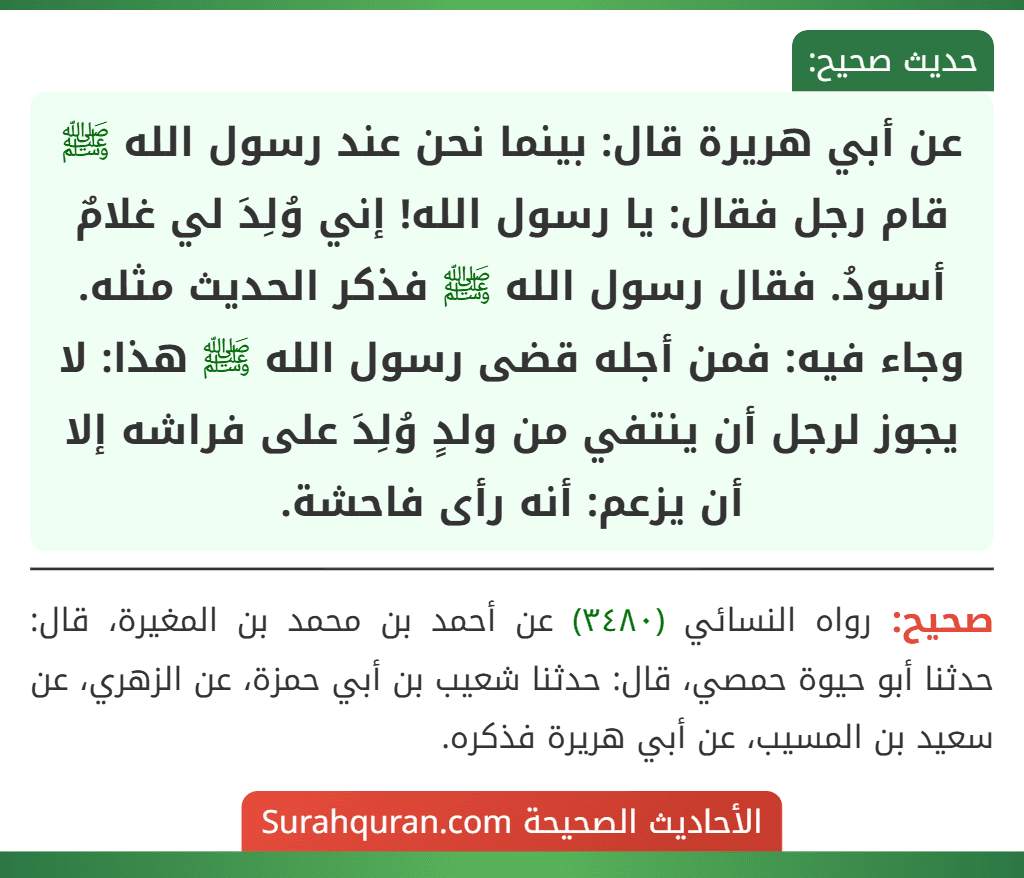 عن أبي هريرة قال: بينما نحن عند رسول الله ﷺ قام رجل فقال: يا رسول الله! إني وُلِدَ لي غلامٌ أسودُ. فقال رسول الله ﷺ فذكر الحديث مثله. وجاء فيه: فمن أجله قضى رسول الله ﷺ هذا: لا يجوز لرجل أن ينتفي من ولدٍ وُلِدَ على فراشه إلا أن يزعم: أنه رأى فاحشة.