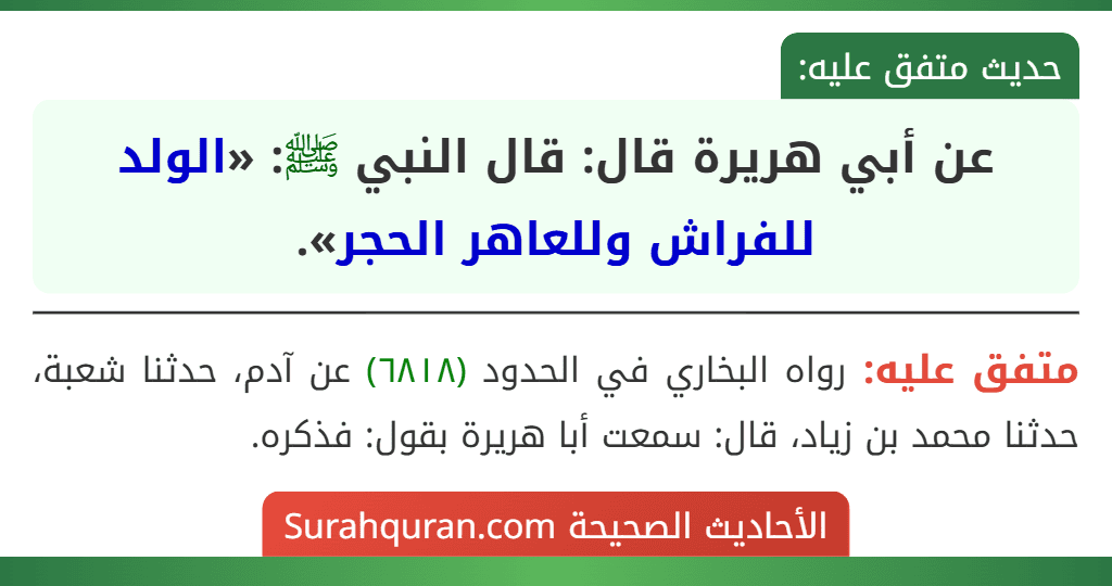 عن أبي هريرة قال: قال النبي ﷺ: «الولد للفراش وللعاهر الحجر». عن أبي هريرة قال: قال النبي ﷺ: «الولد للفراش وللعاهر الحجر».