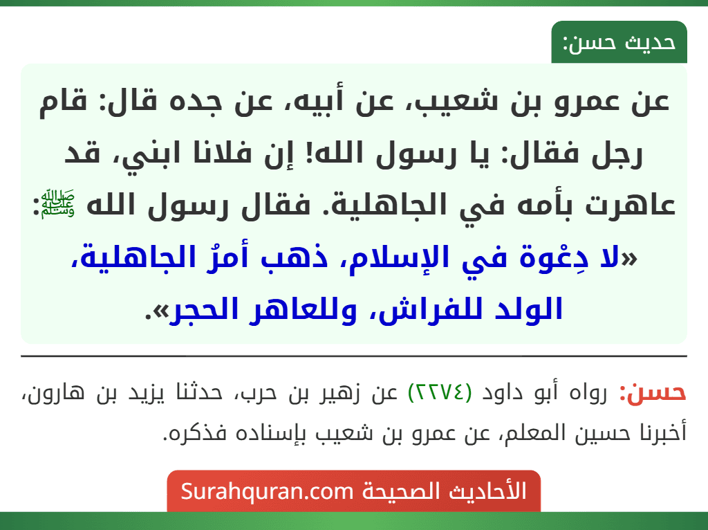 عن عمرو بن شعيب، عن أبيه، عن جده قال: قام رجل فقال: يا رسول الله! إن فلانا ابني، قد عاهرت بأمه في الجاهلية. فقال رسول الله ﷺ: «لا دِعْوة في الإسلام، ذهب أمرُ الجاهلية، الولد للفراش، وللعاهر الحجر».