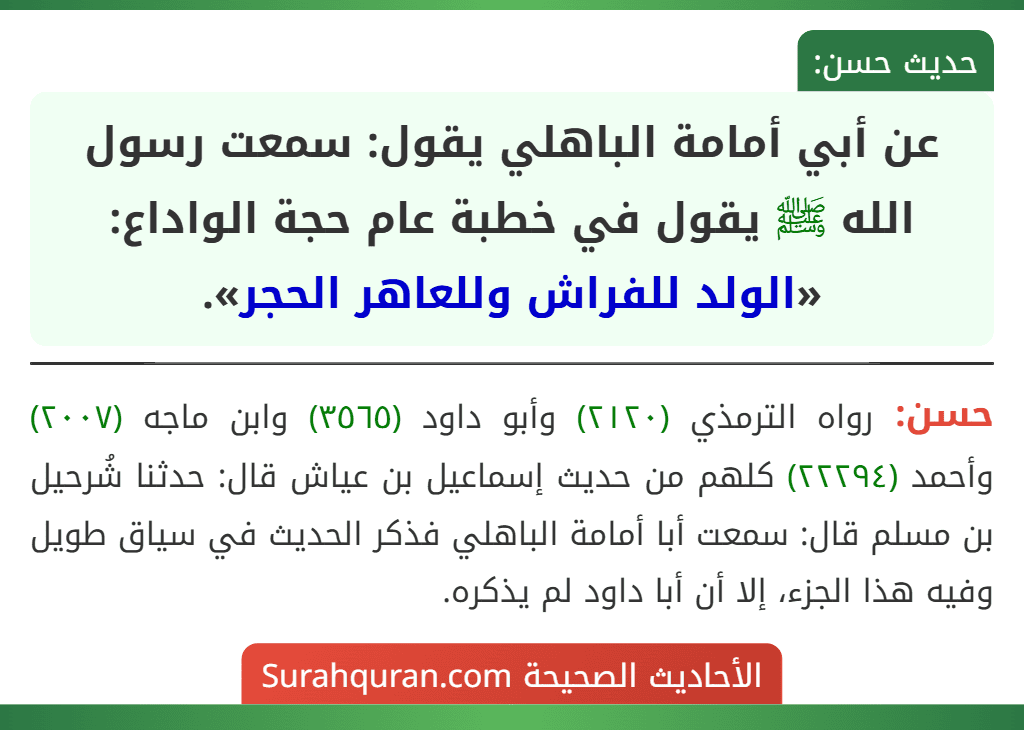 عن أبي أمامة الباهلي يقول: سمعت رسول الله ﷺ يقول في خطبة عام حجة الواداع: «الولد للفراش وللعاهر الحجر».