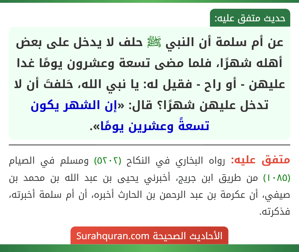 عن أم سلمة أن النبي ﷺ حلف لا يدخل على بعض أهله شهرًا، فلما مضى تسعة وعشرون يومًا غدا عليهن - أو راح - فقيل له: يا نبي الله، حَلفتَ أن لا تدخل عليهن شهرًا؟ قال: «إن الشهر يكون تسعةً وعشرين يومًا». عن أم سلمة أن النبي ﷺ حلف لا يدخل على بعض أهله شهرًا، فلما مضى تسعة وعشرون يومًا غدا عليهن - أو راح - فقيل له: يا نبي الله، حَلفتَ أن لا تدخل عليهن شهرًا؟ قال: «إن الشهر يكون تسعةً وعشرين يومًا».