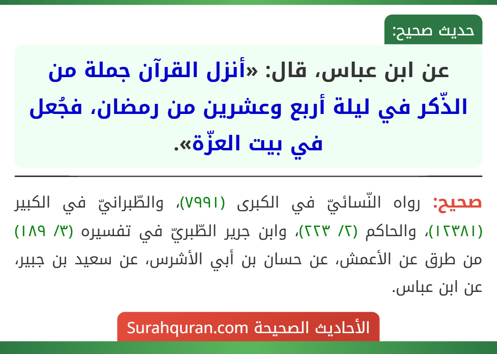 عن ابن عباس، قال: «أنزل القرآن جملة من الذّكر في ليلة أربع وعشرين من رمضان، فجُعل في بيت العزّة». عن ابن عباس، قال: «أنزل القرآن جملة من الذّكر في ليلة أربع وعشرين من رمضان، فجُعل في بيت العزّة».