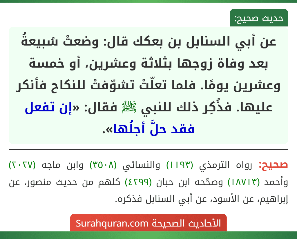 عن أبي السنابل بن بعكك قال: وضعتْ سُبيعةُ بعد وفاة زوجها بثلاثة وعشرين، أو خمسة وعشرين يومًا. فلما تعلّتْ تشوّفتْ للنكاح فأنكر عليها. فذُكِر ذلك للنبي ﷺ فقال: «إن تفعل فقد حلَّ أجلُها».