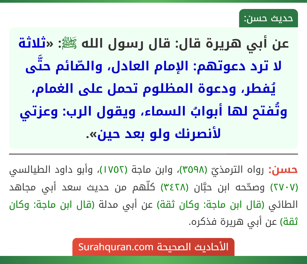 عن أبي هريرة قال: قال رسول الله ﷺ: «ثلاثة لا ترد دعوتهم: الإمام العادل، والصّائم حتَّى يُفطر، ودعوة المظلوم تحمل على الغمام، وتُفتح لها أبوابُ السماء، ويقول الرب: وعزتي لأنصرنك ولو بعد حين». عن أبي هريرة قال: قال رسول الله ﷺ: «ثلاثة لا ترد دعوتهم: الإمام العادل، والصّائم حتَّى يُفطر، ودعوة المظلوم تحمل على الغمام، وتُفتح لها أبوابُ السماء، ويقول الرب: وعزتي لأنصرنك ولو بعد حين».