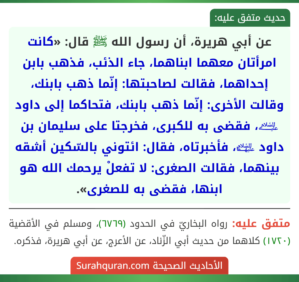عن أبي هريرة، أن رسول الله ﷺ قال: «كانت امرأتان معهما ابناهما، جاء الذئب، فذهب بابن إحداهما، فقالت لصاحبتها: إنّما ذهب بابنك، وقالت الأخرى: إنّما ذهب بابنك، فتحاكما إلى داود ﵇، فقضى به للكبرى، فخرجتا على سليمان بن داود ﵉، فأخبرتاه، فقال: ائتوني بالسّكين أشقه بينهما، فقالت الصغرى: لا تفعلْ يرحمك الله هو ابنها، فقضى به للصغرى».
