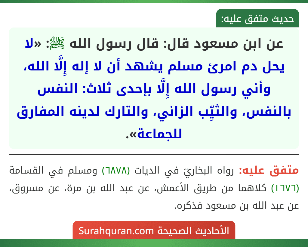 عن ابن مسعود قال: قال رسول الله ﷺ: «لا يحل دم امرئ مسلم يشهد أن لا إله إِلَّا الله، وأني رسول الله إِلَّا بإحدى ثلاث: النفس بالنفس، والثيِّب الزاني، والتارك لدينه المفارق للجماعة».