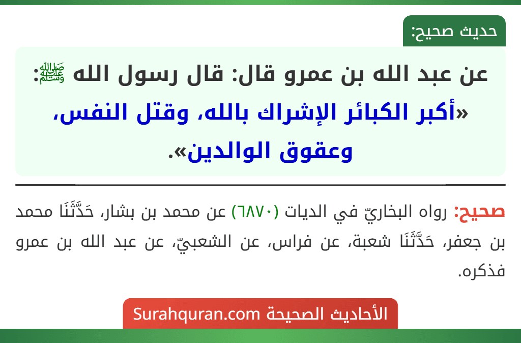 عن عبد الله بن عمرو قال: قال رسول الله ﷺ: «أكبر الكبائر الإشراك بالله، وقتل النفس، وعقوق الوالدين».