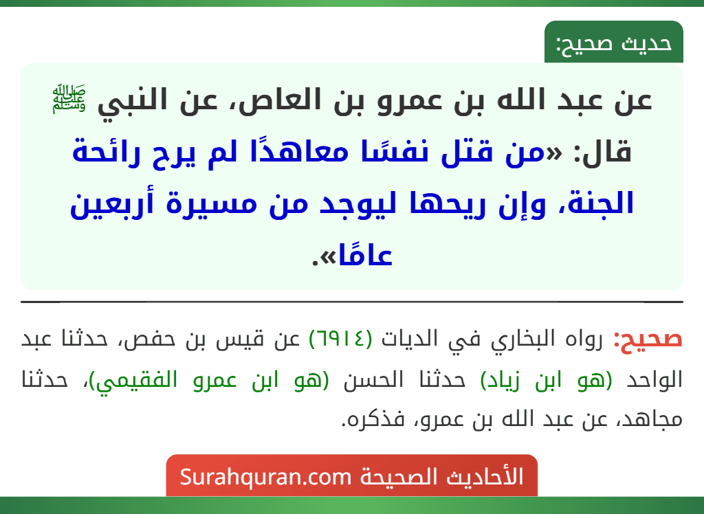 عن عبد الله بن عمرو بن العاص، عن النبي ﷺ قال: «من قتل نفسًا معاهدًا لم يرح رائحة الجنة، وإن ريحها ليوجد من مسيرة أربعين عامًا».