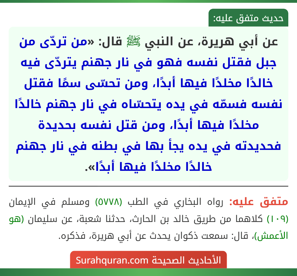 عن أبي هريرة، عن النبي ﷺ قال: «من تردّى من جبل فقتل نفسه فهو في نار جهنم يتردّى فيه خالدًا مخلدًا فيها أبدًا، ومن تحسّى سمًا فقتل نفسه فسمّه في يده يتحسّاه في نار جهنم خالدًا مخلدًا فيها أبدًا، ومن قتل نفسه بحديدة فحديدته في يده يجأ بها في بطنه في نار جهنم خالدًا مخلدًا فيها أبدًا».