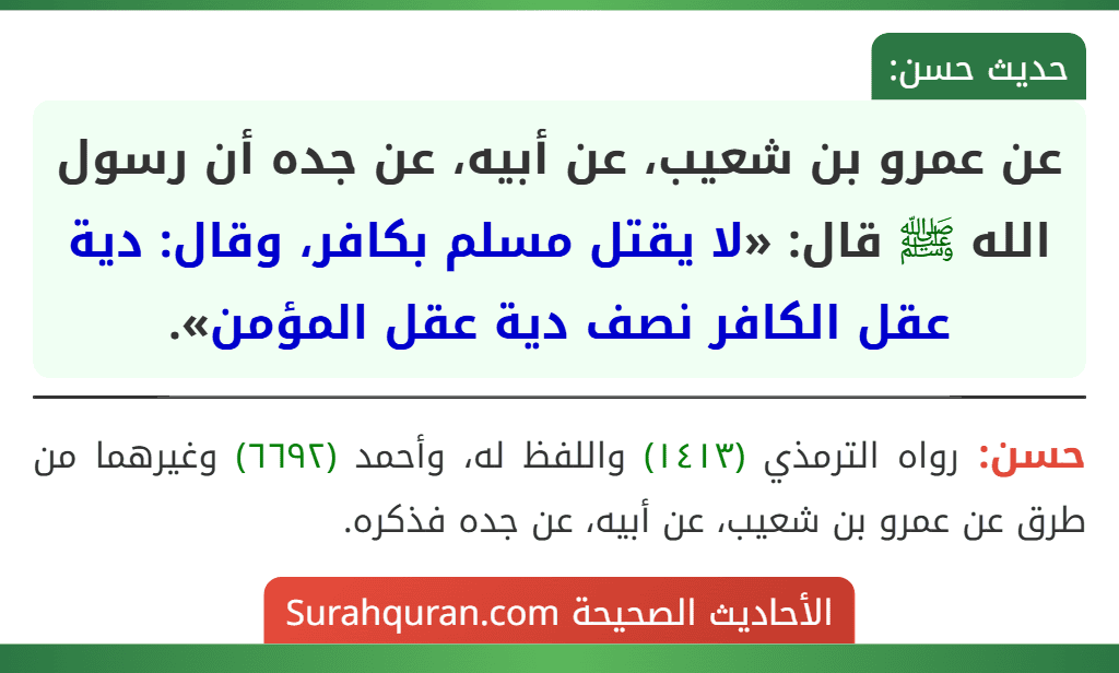 عن عمرو بن شعيب، عن أبيه، عن جده أن رسول الله ﷺ قال: «لا يقتل مسلم بكافر، وقال: دية عقل الكافر نصف دية عقل المؤمن».