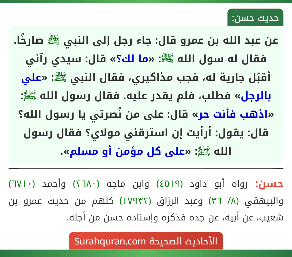عن عبد الله بن عمرو قال: جاء رجل إلى النبي ﷺ صارخًا. فقال له سول الله ﷺ: «ما لك؟» قال: سيدي رآني أقبّل جارية له، فجب مذاكيري، فقال النبي ﷺ: «علي بالرجل» فطلب، فلم يقدر عليه. فقال رسول الله ﷺ: «اذهب فأنت حر» قال: على من نُصرتي يا رسول الله؟ قال: يقول: أرأيت إن استرقني مولاي؟ فقال رسول الله ﷺ: «على كل مؤمن أو مسلم». عن عبد الله بن عمرو قال: جاء رجل إلى النبي ﷺ صارخًا. فقال له سول الله ﷺ: «ما لك؟» قال: سيدي رآني أقبّل جارية له، فجب مذاكيري، فقال النبي ﷺ: «علي بالرجل» فطلب، فلم يقدر عليه. فقال رسول الله ﷺ: «اذهب فأنت حر» قال: على من نُصرتي يا رسول الله؟ قال: يقول: أرأيت إن استرقني مولاي؟ فقال رسول الله ﷺ: «على كل مؤمن أو مسلم».