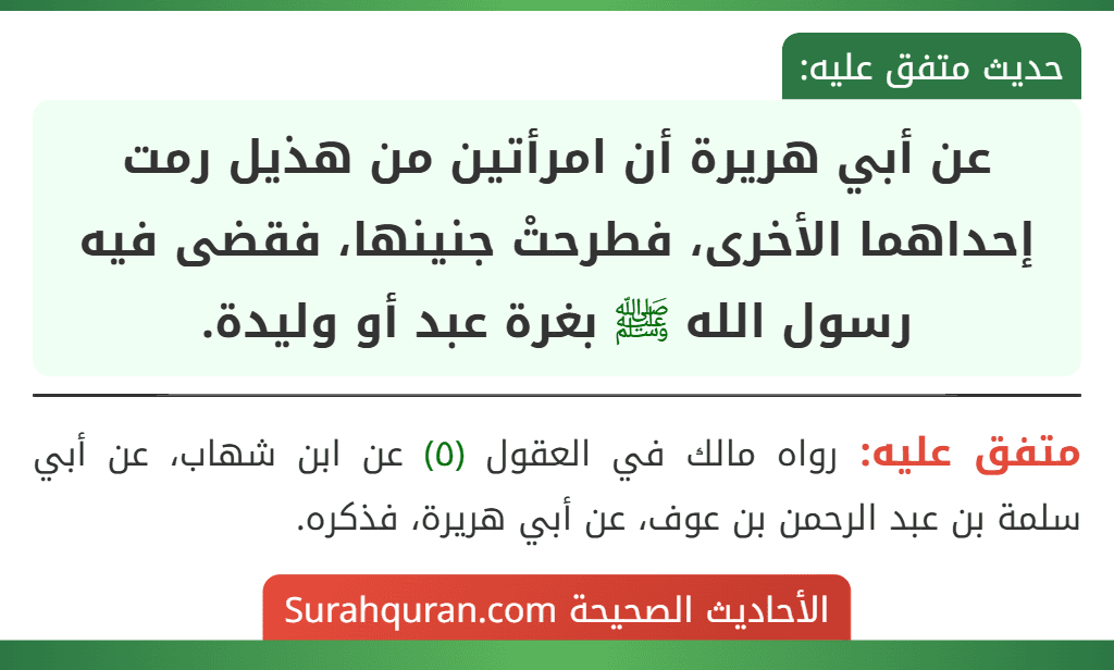 عن أبي هريرة أن امرأتين من هذيل رمت إحداهما الأخرى، فطرحتْ جنينها، فقضى فيه رسول الله ﷺ بغرة عبد أو وليدة. عن أبي هريرة أن امرأتين من هذيل رمت إحداهما الأخرى، فطرحتْ جنينها، فقضى فيه رسول الله ﷺ بغرة عبد أو وليدة.
