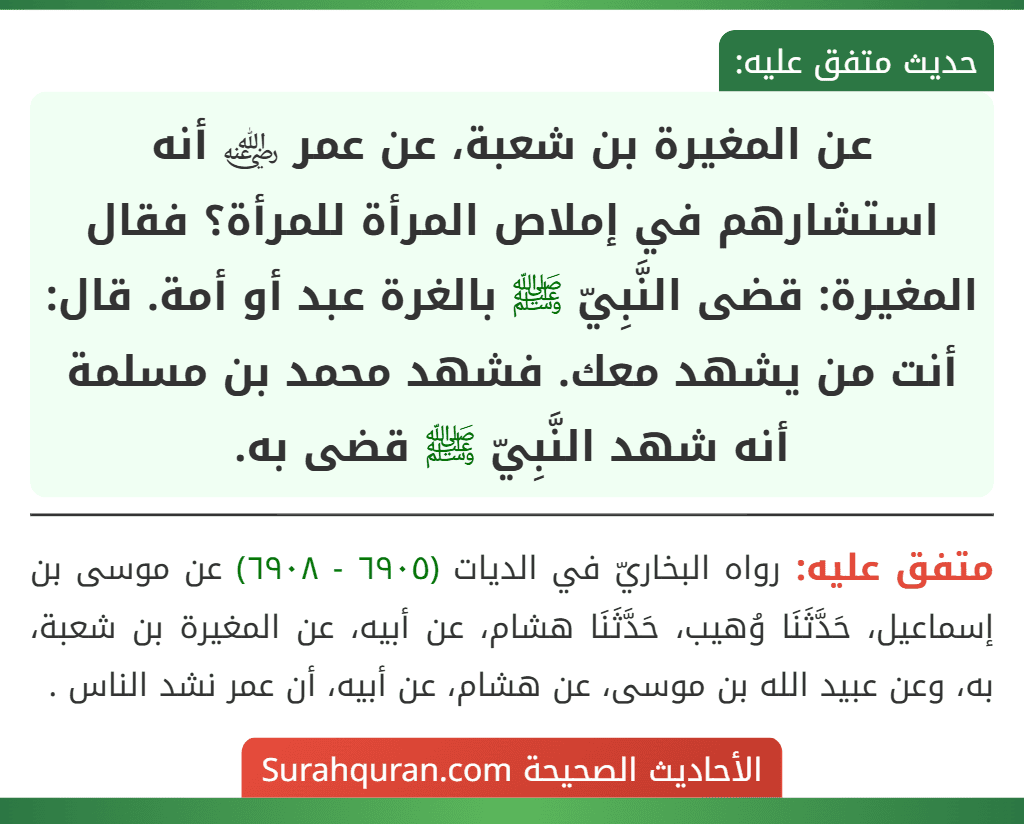 عن المغيرة بن شعبة، عن عمر ﵁ أنه استشارهم في إملاص المرأة للمرأة؟ فقال المغيرة: قضى النَّبِيّ ﷺ بالغرة عبد أو أمة. قال: أنت من يشهد معك. فشهد محمد بن مسلمة أنه شهد النَّبِيّ ﷺ قضى به. عن المغيرة بن شعبة، عن عمر ﵁ أنه استشارهم في إملاص المرأة للمرأة؟ فقال المغيرة: قضى النَّبِيّ ﷺ بالغرة عبد أو أمة. قال: أنت من يشهد معك. فشهد محمد بن مسلمة أنه شهد النَّبِيّ ﷺ قضى به.