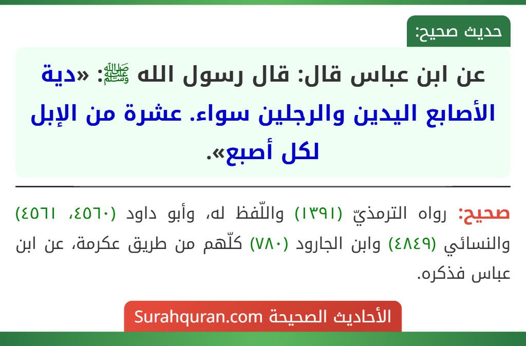 عن ابن عباس قال: قال رسول الله ﷺ: «دية الأصابع اليدين والرجلين سواء. عشرة من الإبل لكل أصبع».