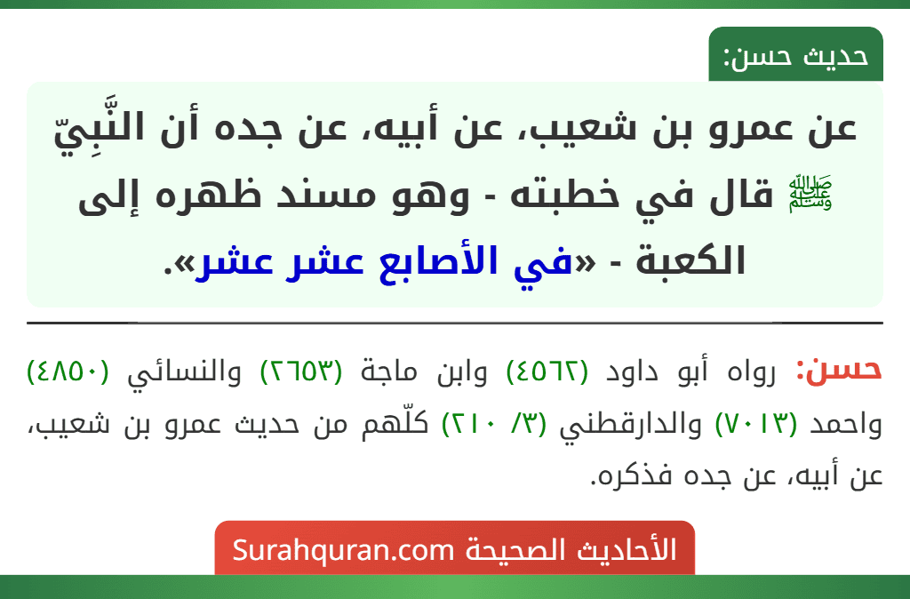 عن عمرو بن شعيب، عن أبيه، عن جده أن النَّبِيّ ﷺ قال في خطبته - وهو مسند ظهره إلى الكعبة - «في الأصابع عشر عشر».