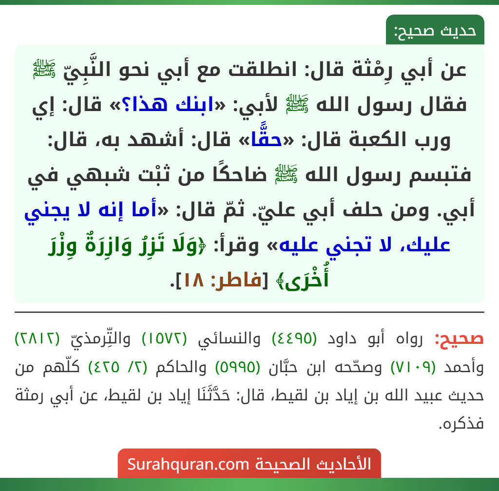 عن أبي رِمْثة قال: انطلقت مع أبي نحو النَّبِيّ ﷺ فقال رسول الله ﷺ لأبي: «ابنك هذا؟» قال: إي ورب الكعبة قال: «حقًّا» قال: أشهد به، قال: فتبسم رسول الله ﷺ ضاحكًا من ثبْت شبهي في أبي. ومن حلف أبي عليّ. ثمّ قال: «أما إنه لا يجني عليك، لا تجني عليه» وقرأ: ﴿وَلَا تَزِرُ وَازِرَةٌ وِزْرَ أُخْرَى﴾ [فاطر: ١٨].