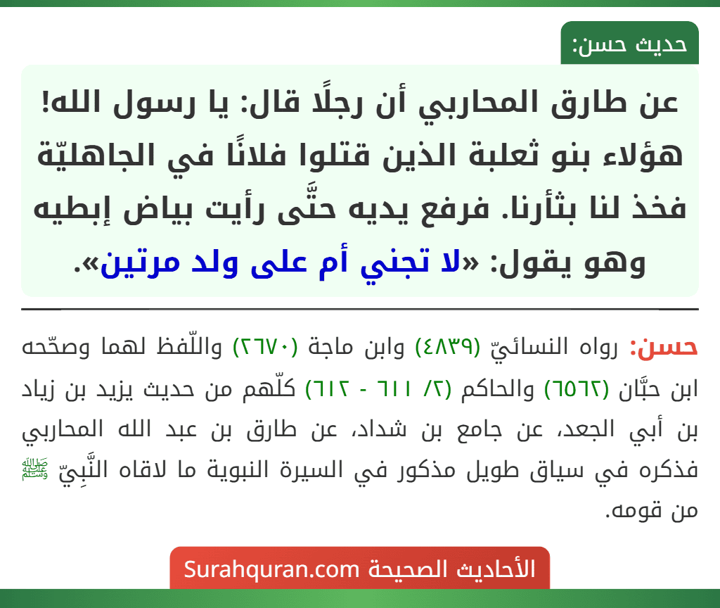 عن طارق المحاربي أن رجلًا قال: يا رسول الله! هؤلاء بنو ثعلبة الذين قتلوا فلانًا في الجاهليّة فخذ لنا بثأرنا. فرفع يديه حتَّى رأيت بياض إبطيه وهو يقول: «لا تجني أم على ولد مرتين». عن طارق المحاربي أن رجلًا قال: يا رسول الله! هؤلاء بنو ثعلبة الذين قتلوا فلانًا في الجاهليّة فخذ لنا بثأرنا. فرفع يديه حتَّى رأيت بياض إبطيه وهو يقول: «لا تجني أم على ولد مرتين».