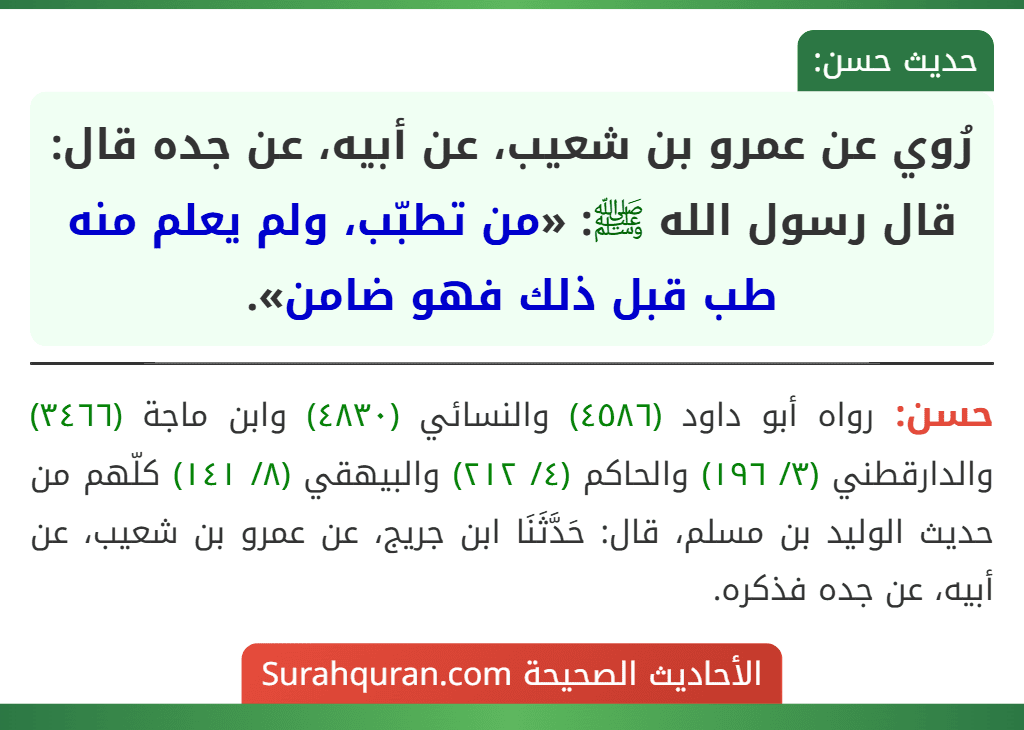 رُوي عن عمرو بن شعيب، عن أبيه، عن جده قال: قال رسول الله ﷺ: «من تطبّب، ولم يعلم منه طب قبل ذلك فهو ضامن».