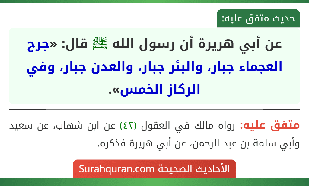 عن أبي هريرة أن رسول الله ﷺ قال: «جرح العجماء جبار، والبئر جبار، والعدن جبار، وفي الركاز الخمس».