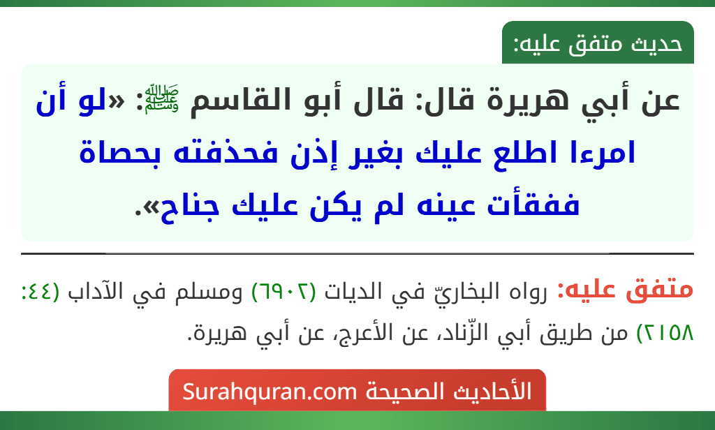 عن أبي هريرة قال: قال أبو القاسم ﷺ: «لو أن امرءا اطلع عليك بغير إذن فحذفته بحصاة ففقأت عينه لم يكن عليك جناح».