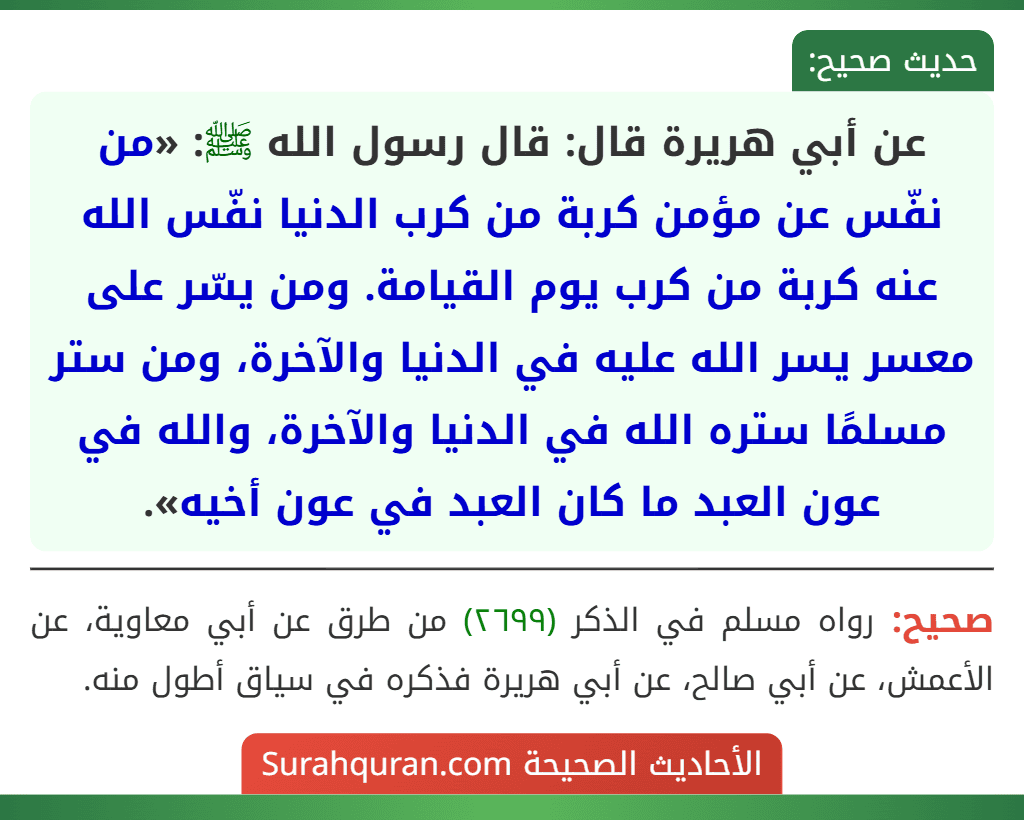 عن أبي هريرة قال: قال رسول الله ﷺ: «من نفّس عن مؤمن كربة من كرب الدنيا نفّس الله عنه كربة من كرب يوم القيامة. ومن يسّر على معسر يسر الله عليه في الدنيا والآخرة، ومن ستر مسلمًا ستره الله في الدنيا والآخرة، والله في عون العبد ما كان العبد في عون أخيه».