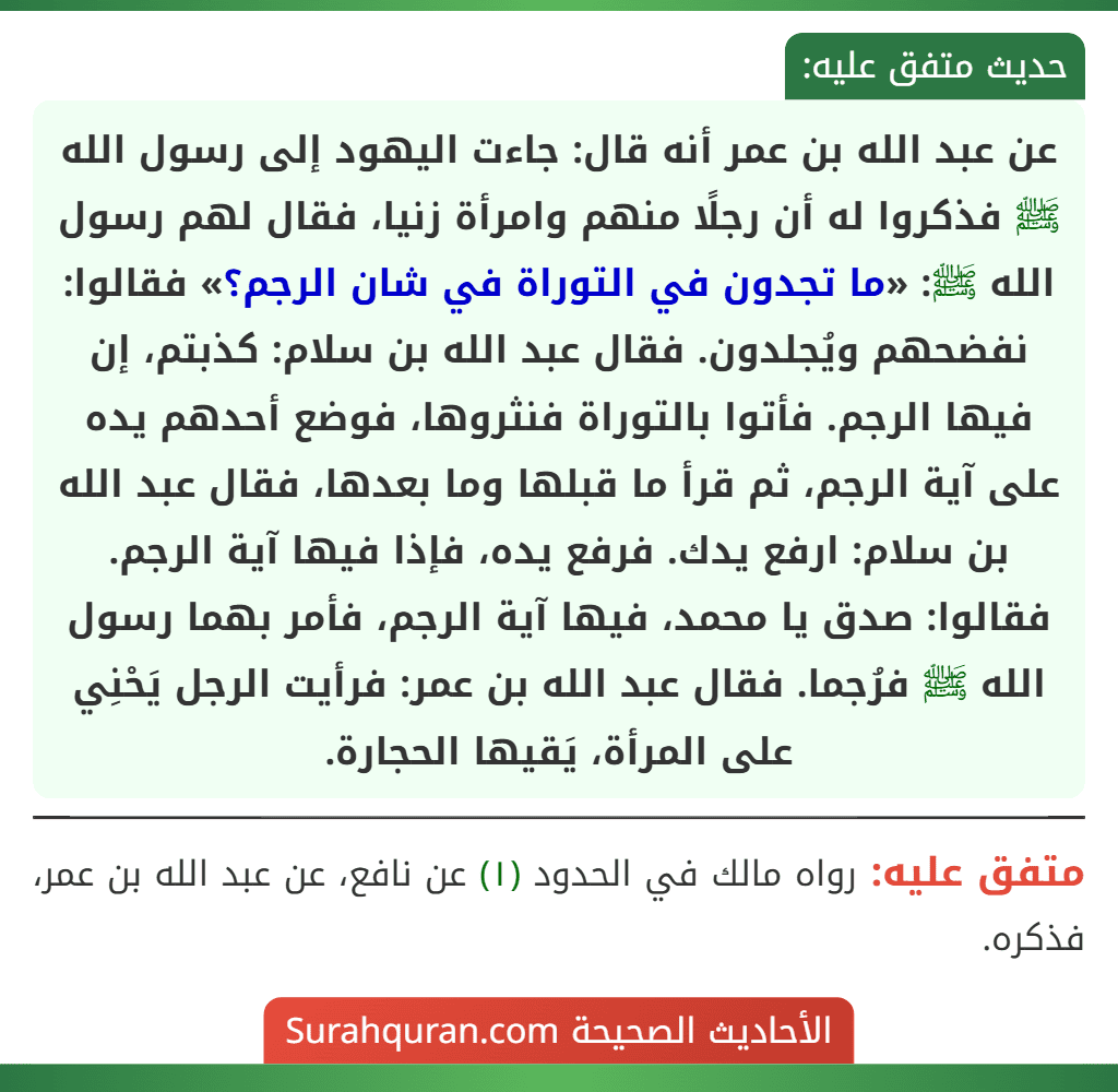 عن عبد الله بن عمر أنه قال: جاءت اليهود إلى رسول الله ﷺ فذكروا له أن رجلًا منهم وامرأة زنيا، فقال لهم رسول الله ﷺ: «ما تجدون في التوراة في شان الرجم؟» فقالوا: نفضحهم ويُجلدون. فقال عبد الله بن سلام: كذبتم، إن فيها الرجم. فأتوا بالتوراة فنثروها، فوضع أحدهم يده على آية الرجم، ثم قرأ ما قبلها وما بعدها، فقال عبد الله بن سلام: ارفع يدك. فرفع يده، فإذا فيها آية الرجم. فقالوا: صدق يا محمد، فيها آية الرجم، فأمر بهما رسول الله ﷺ فرُجما. فقال عبد الله بن عمر: فرأيت الرجل يَحْنِي على المرأة، يَقيها الحجارة.