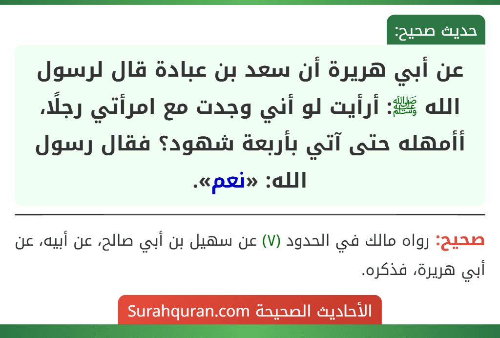 عن أبي هريرة أن سعد بن عبادة قال لرسول الله ﷺ: أرأيت لو أني وجدت مع امرأتي رجلًا، أأمهله حتى آتي بأربعة شهود؟ فقال رسول الله: «نعم». عن أبي هريرة أن سعد بن عبادة قال لرسول الله ﷺ: أرأيت لو أني وجدت مع امرأتي رجلًا، أأمهله حتى آتي بأربعة شهود؟ فقال رسول الله: «نعم».