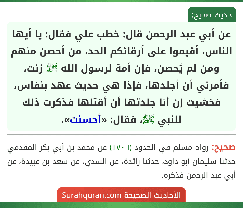 عن أبي عبد الرحمن قال: خطب علي فقال: يا أيها الناس، أقيموا على أرقائكم الحد، من أحصن منهم ومن لم يُحصن، فإن أمة لرسول الله ﷺ زنت، فأمرني أن أجلدها، فإذا هي حديث عهد بنفاس، فخشيت إن أنا جلدتها أن أقتلها فذكرت ذلك للنبي ﷺ، فقال: «أحسنت».
