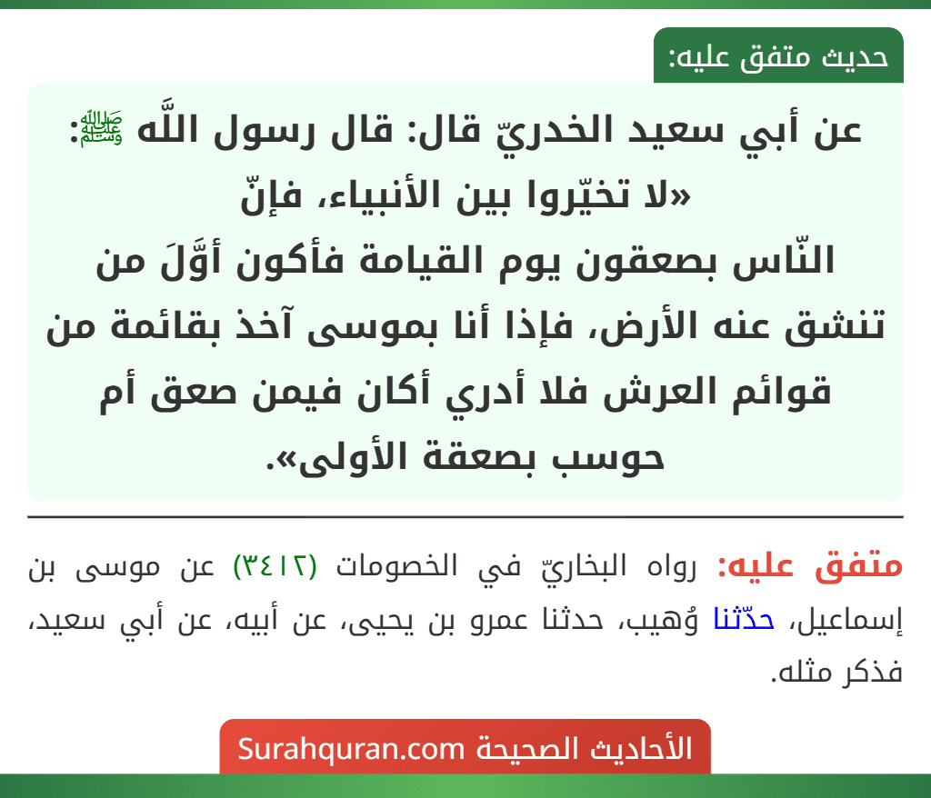عن أبي سعيد الخدريّ قال: قال رسول اللَّه ﷺ: «لا تخيّروا بين الأنبياء، فإنّ
النّاس بصعقون يوم القيامة فأكون أوَّلَ من تنشق عنه الأرض، فإذا أنا بموسى آخذ بقائمة من قوائم العرش فلا أدري أكان فيمن صعق أم حوسب بصعقة الأولى».