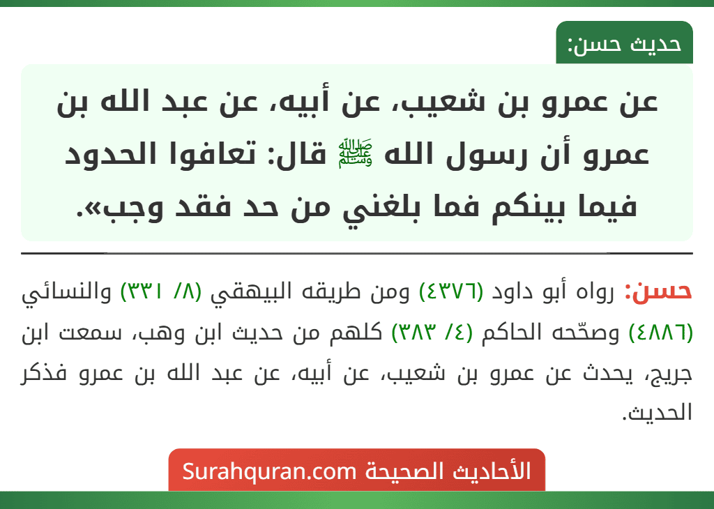 عن عمرو بن شعيب، عن أبيه، عن عبد الله بن عمرو أن رسول الله ﷺ قال: تعافوا الحدود فيما بينكم فما بلغني من حد فقد وجب». عن عمرو بن شعيب، عن أبيه، عن عبد الله بن عمرو أن رسول الله ﷺ قال: تعافوا الحدود فيما بينكم فما بلغني من حد فقد وجب».