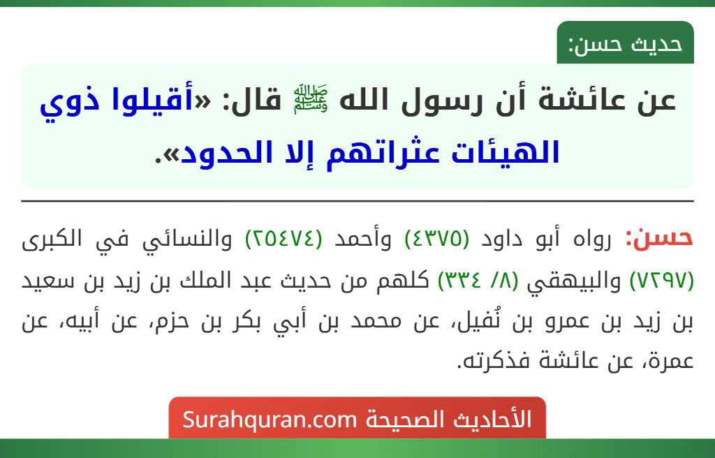 عن عائشة أن رسول الله ﷺ قال: «أقيلوا ذوي الهيئات عثراتهم إلا الحدود».