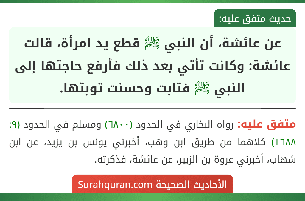 عن عائشة، أن النبي ﷺ قطع يد امرأة، قالت عائشة: وكانت تأتي بعد ذلك فأرفع حاجتها إلى النبي ﷺ فتابت وحسنت توبتها.