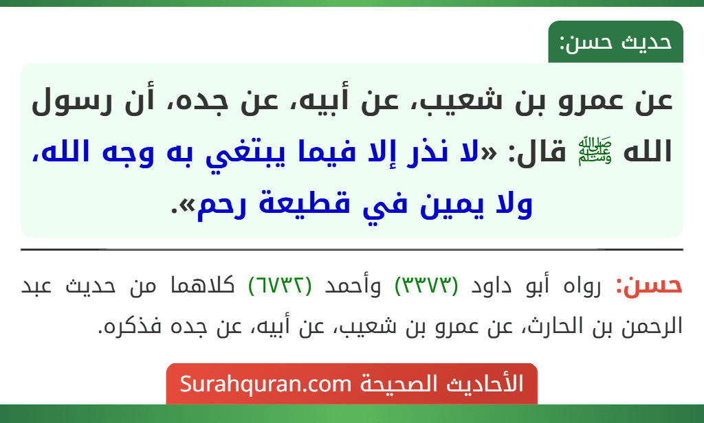 عن عمرو بن شعيب، عن أبيه، عن جده، أن رسول الله ﷺ قال: «لا نذر إلا فيما يبتغي به وجه الله، ولا يمين في قطيعة رحم».