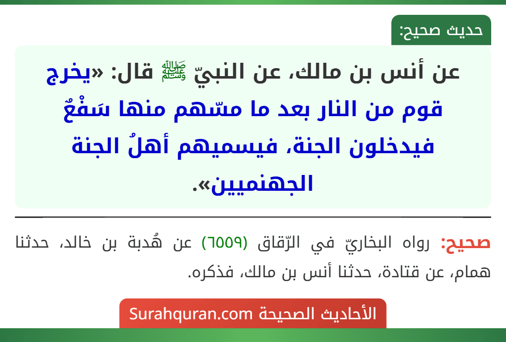 عن أنس بن مالك، عن النبيّ ﷺ قال: «يخرج قوم من النار بعد ما مسّهم منها سَفْعٌ فيدخلون الجنة، فيسميهم أهلُ الجنة الجهنميين».