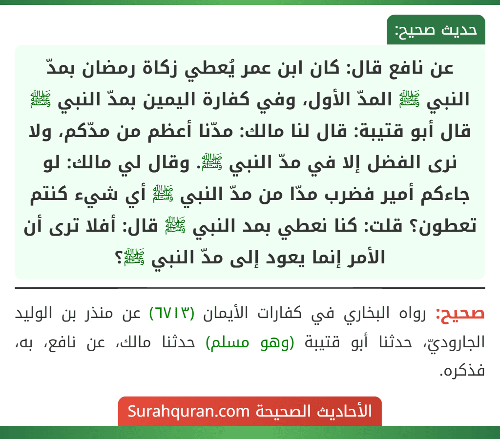 عن نافع قال: كان ابن عمر يُعطي زكاة رمضان بمدّ النبي ﷺ المدّ الأول، وفي كفارة اليمين بمدّ النبي ﷺ قال أبو قتيبة: قال لنا مالك: مدّنا أعظم من مدّكم، ولا نرى الفضل إلا في مدّ النبي ﷺ. وقال لي مالك: لو جاءكم أمير فضرب مدّا من مدّ النبي ﷺ أي شيء كنتم تعطون؟ قلت: كنا نعطي بمد النبي ﷺ قال: أفلا ترى أن الأمر إنما يعود إلى مدّ النبي ﷺ؟ عن نافع قال: كان ابن عمر يُعطي زكاة رمضان بمدّ النبي ﷺ المدّ الأول، وفي كفارة اليمين بمدّ النبي ﷺ قال أبو قتيبة: قال لنا مالك: مدّنا أعظم من مدّكم، ولا نرى الفضل إلا في مدّ النبي ﷺ. وقال لي مالك: لو جاءكم أمير فضرب مدّا من مدّ النبي ﷺ أي شيء كنتم تعطون؟ قلت: كنا نعطي بمد النبي ﷺ قال: أفلا ترى أن الأمر إنما يعود إلى مدّ النبي ﷺ؟