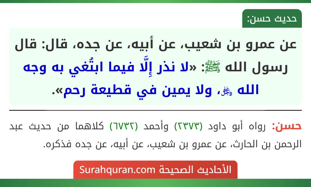 عن عمرو بن شعيب، عن أبيه، عن جده، قال: قال رسول الله ﷺ: «لا نذر إِلَّا فيما ابتُغي به وجه الله ﷿، ولا يمين في قطيعة رحم».