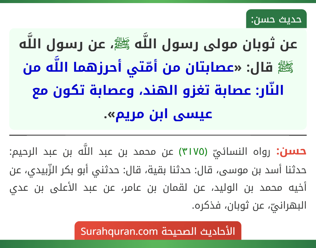 عن ثوبان مولى رسول اللَّه ﷺ، عن رسول اللَّه ﷺ قال: «عصابتان من أمّتي أحرزهما اللَّه من النّار: عصابة تغزو الهند، وعصابة تكون مع عيسى ابن مريم».