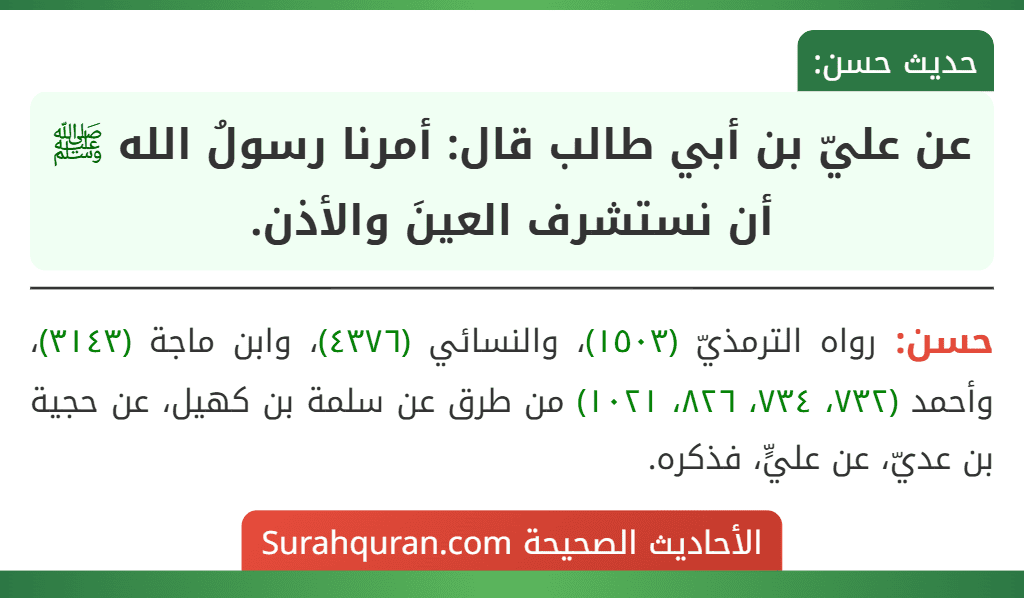 عن عليّ بن أبي طالب قال: أمرنا رسولُ الله ﷺ أن نستشرف العينَ والأذن. عن عليّ بن أبي طالب قال: أمرنا رسولُ الله ﷺ أن نستشرف العينَ والأذن.