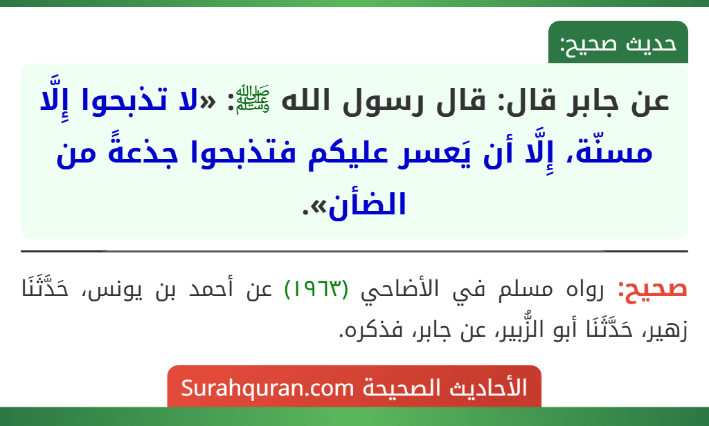 عن جابر قال: قال رسول الله ﷺ: «لا تذبحوا إِلَّا مسنّة، إِلَّا أن يَعسر عليكم فتذبحوا جذعةً من الضأن». عن جابر قال: قال رسول الله ﷺ: «لا تذبحوا إِلَّا مسنّة، إِلَّا أن يَعسر عليكم فتذبحوا جذعةً من الضأن».