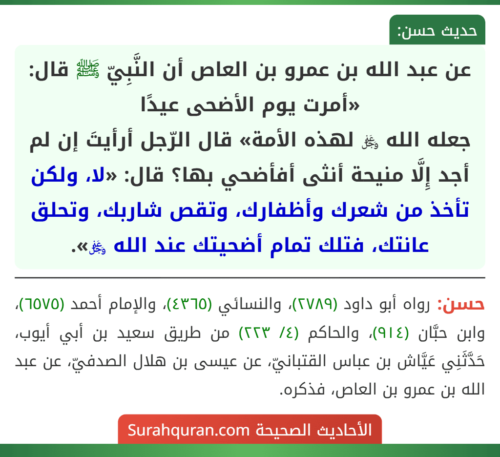 عن عبد الله بن عمرو بن العاص أن النَّبِيّ ﷺ قال: «أمرت يوم الأضحى عيدًا
جعله الله ﷿ لهذه الأمة» قال الرّجل أرأيتَ إن لم أجد إِلَّا منيحة أنثى أفأضحي بها؟ قال: «لا، ولكن تأخذ من شعرك وأظفارك، وتقص شاربك، وتحلق عانتك، فتلك تمام أضحيتك عند الله ﷿».