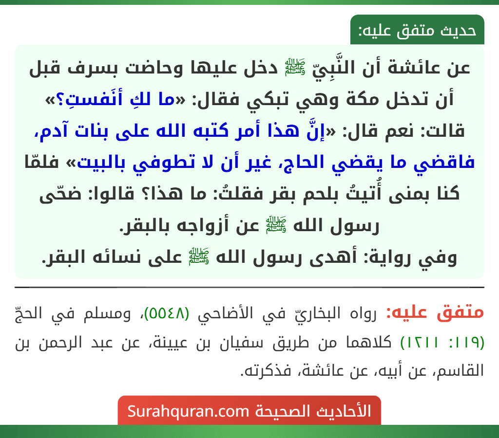 عن عائشة أن النَّبِيّ ﷺ دخل عليها وحاضت بسرف قبل أن تدخل مكة وهي تبكي فقال: «ما لكِ أنَفستِ؟» قالت: نعم قال: «إنَّ هذا أمر كتبه الله على بنات آدم، فاقضي ما يقضي الحاج، غير أن لا تطوفي بالبيت» فلمّا كنا بمنى أُتيتُ بلحم بقر فقلتُ: ما هذا؟ قالوا: ضحّى رسول الله ﷺ عن أزواجه بالبقر.
وفي رواية: أهدى رسول الله ﷺ على نسائه البقر. عن عائشة أن النَّبِيّ ﷺ دخل عليها وحاضت بسرف قبل أن تدخل مكة وهي تبكي فقال: «ما لكِ أنَفستِ؟» قالت: نعم قال: «إنَّ هذا أمر كتبه الله على بنات آدم، فاقضي ما يقضي الحاج، غير أن لا تطوفي بالبيت» فلمّا كنا بمنى أُتيتُ بلحم بقر فقلتُ: ما هذا؟ قالوا: ضحّى رسول الله ﷺ عن أزواجه بالبقر.
وفي رواية: أهدى رسول الله ﷺ على نسائه البقر.